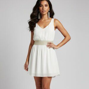 Aritzia Babaton Blythe Mini Dress Silk Off White sleeveless smocked waist XXS